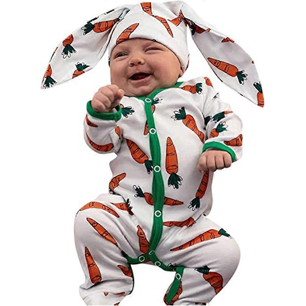 Infant Newborn Baby Easter Carrot Print Jumpsuit Long Sleeve Romper + Cute Long Rabbit Ear Hat Set Outfit
