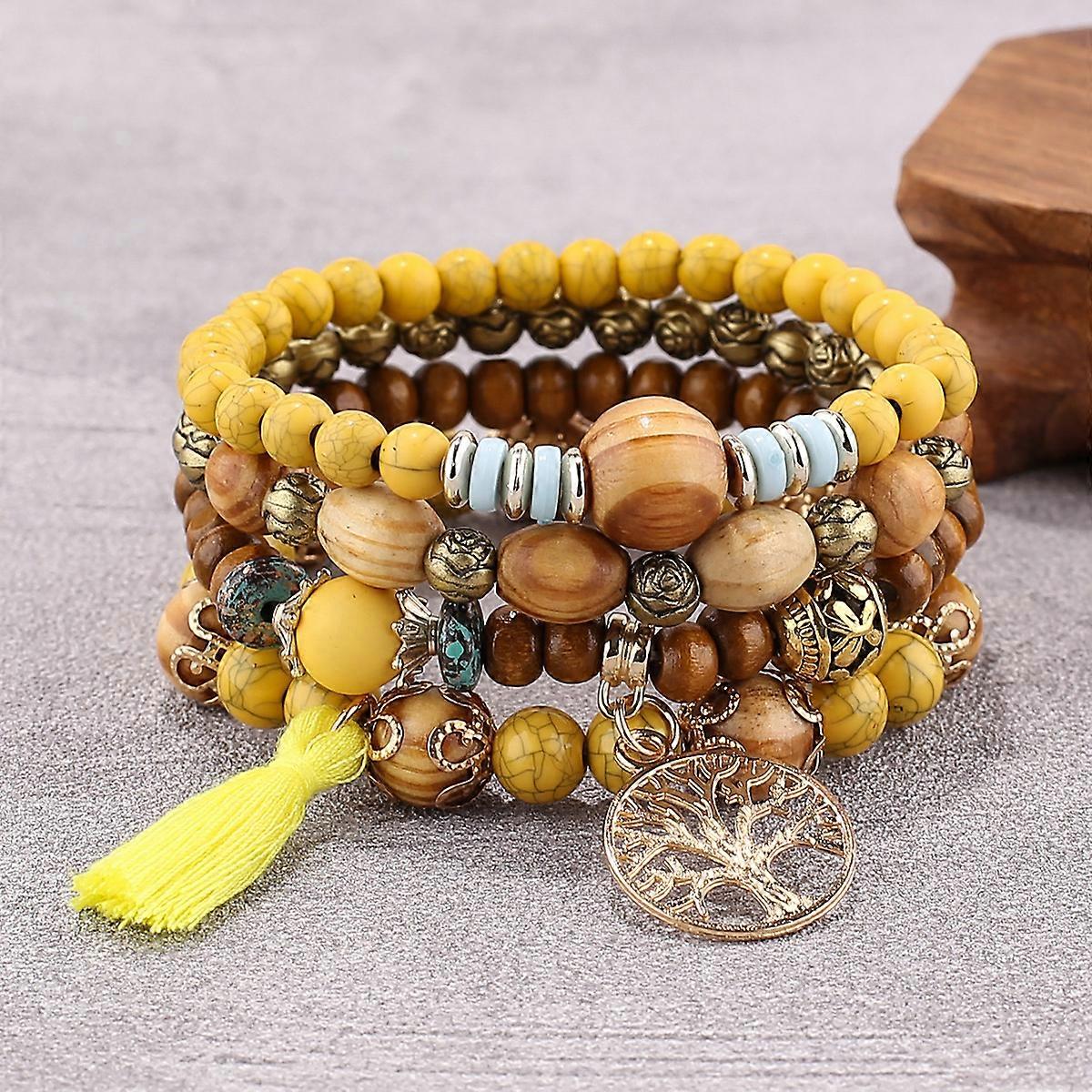 4Pcs Bohemian Tree of Life Charm Beads Bracelet Set Ladies Handmade Wooden Beads Chain Bracelet Women's Bohemian Jewelry