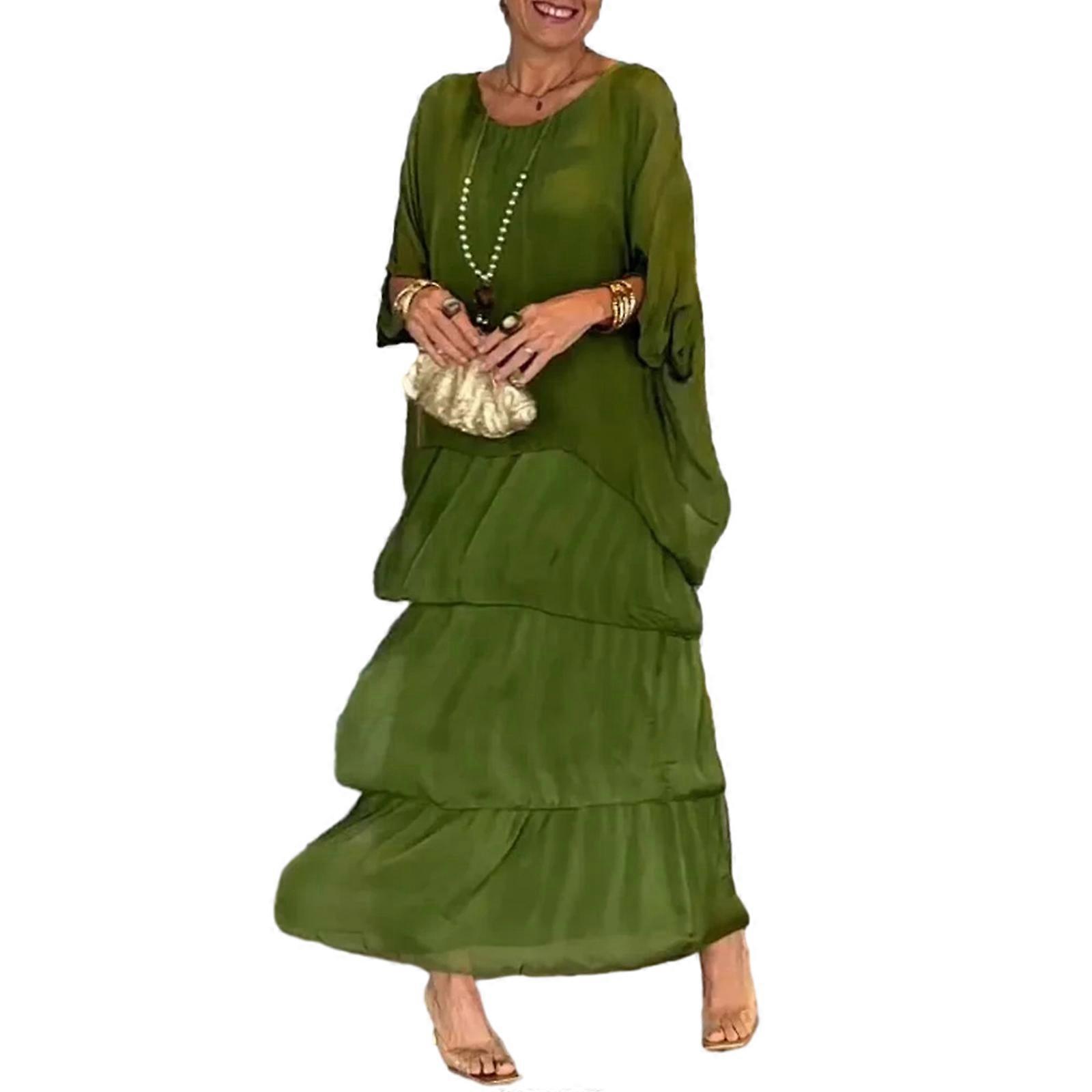 2024 אופנה נשים אירופאיות ואמריקאיות אלגנטית הדפסת צווארון עגול שרוולי עטלף חצאית ארוכה