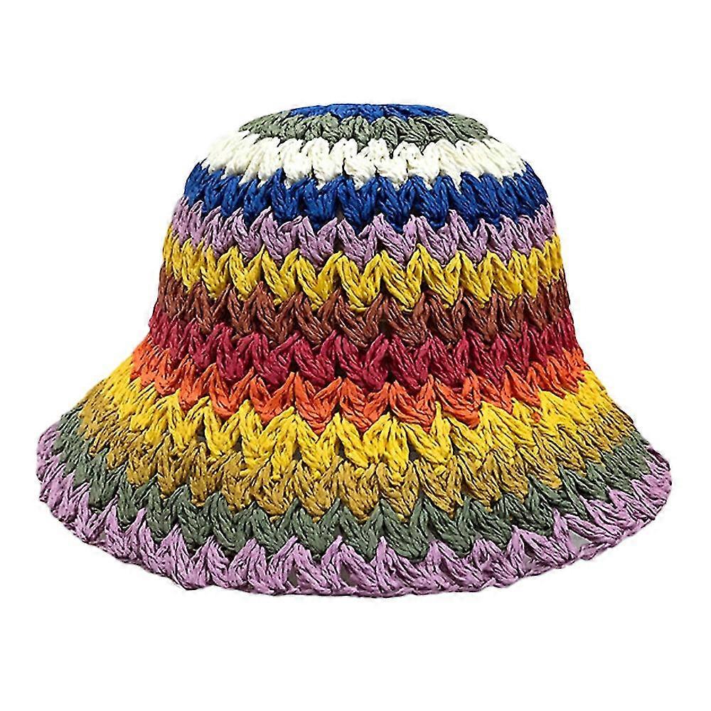56-58cm Hat Circumference Rainbow Straw Hat Female Summer Outing Sunscreen Sunshade Straw Striped Fisherman Hat