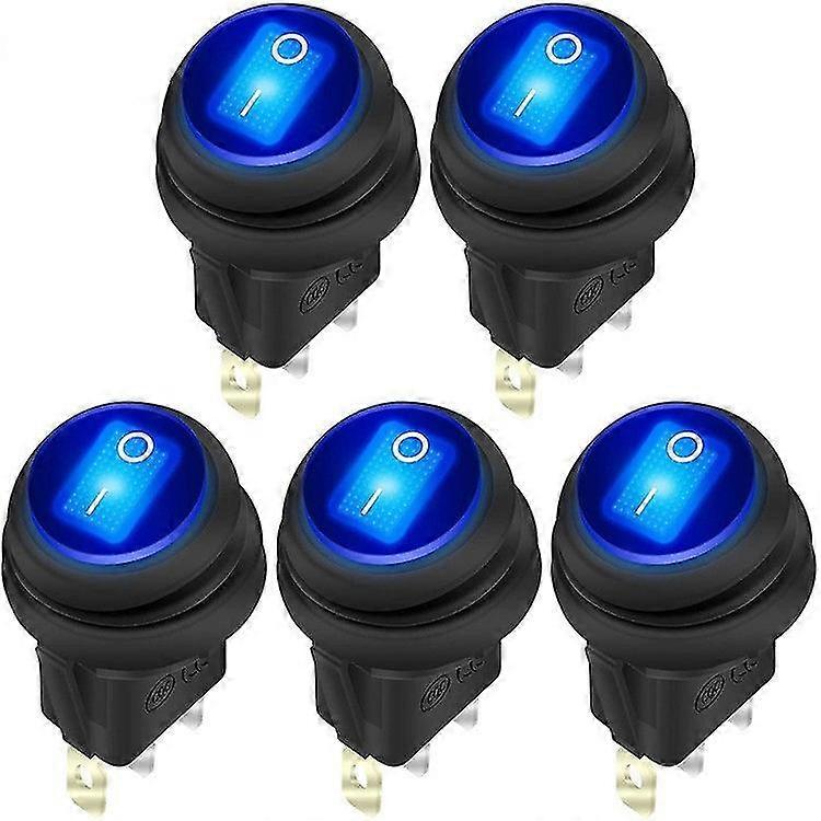 12v 20a Waterproof Rocker Switch Blue Led Lighted Round On Off 3 Pin 12 Volt Weatherproof Illuminated Toggle For Marine Car Rv Truck -5pack