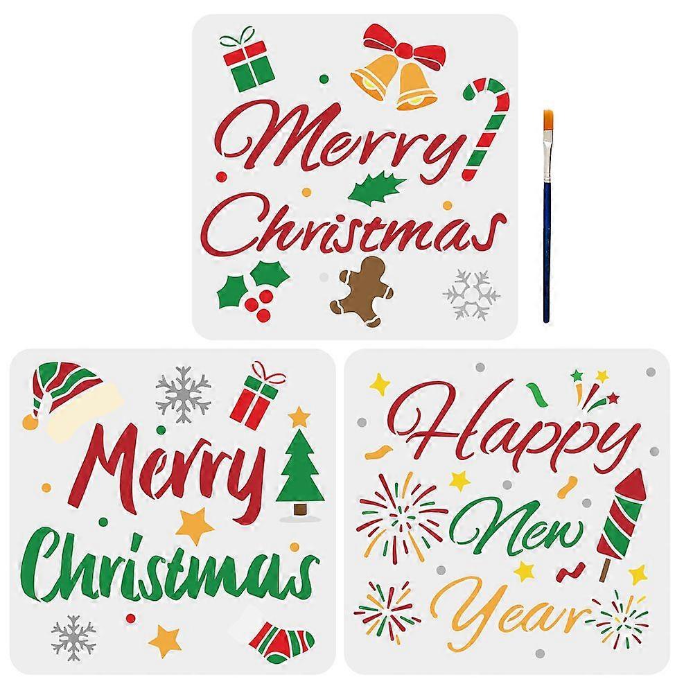1 Set Merry Christmas PET Hollow Out Drawing Painting Stencils with 1Pc Art Paint Brushes Word Painting Stencils: 300x300mm 3pcs/set