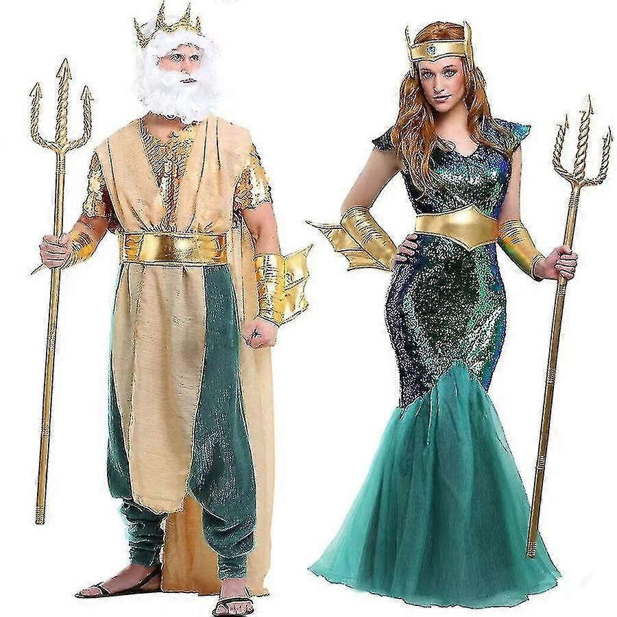 Ancient Greek Poseidon Cosplay Sea Siren Mermaid Queen Costume Halloween Fancy Dress Carnival Costume For Men Women