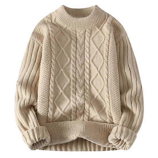 Men Winter Fall Sweater Thick Knit Loose Round Neck Warm Soft Solid Color Twisted Applique Elastic Anti-pilling Cold Resistant Sweater