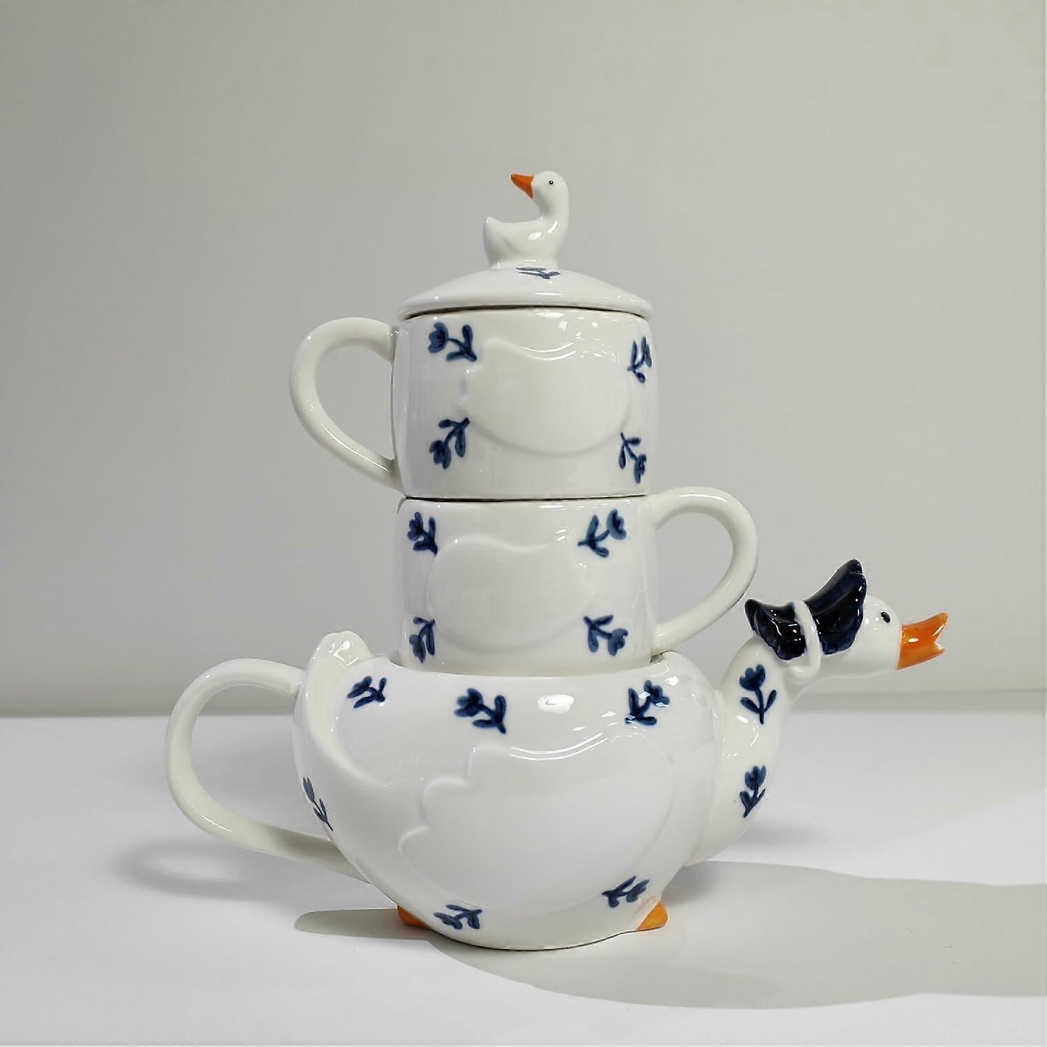 Ceramic Tea Pot Set with 2 Hand-Painted Blue Porcelain Cups, Elegant Design for Tea Lovers, 20 oz Capacity