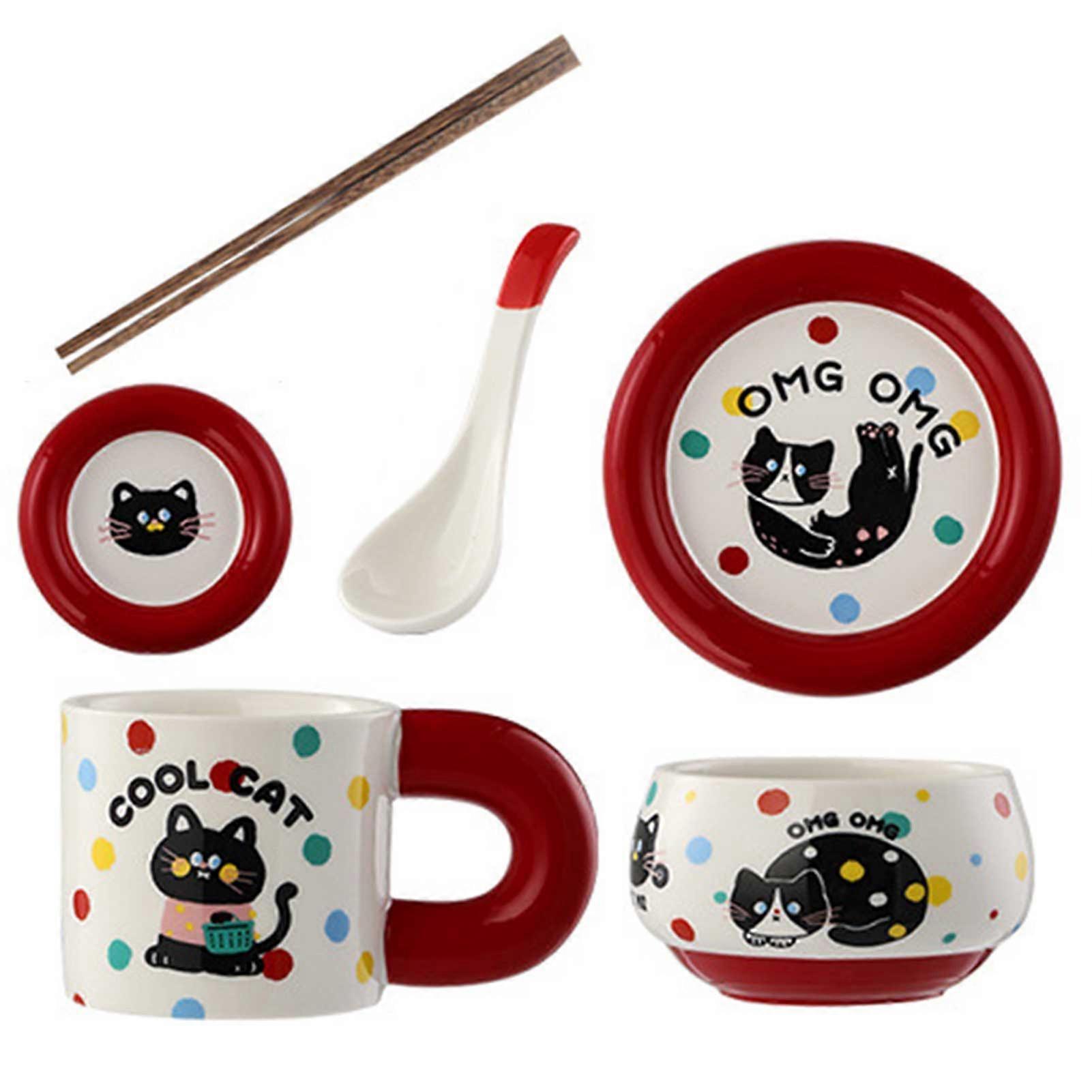 6pcs Cartoon Animals Ceramic Dinnerware Set Cute Ceramic Cat Designed Dinner Dish Cup Set Present