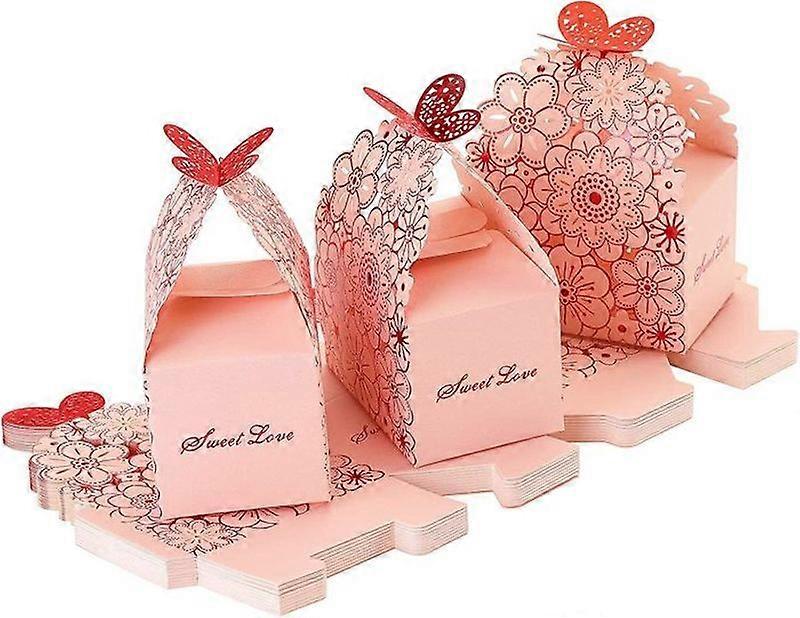30PCS Wedding Favor Boxes Baptism Party Favor Boxes Creative Hollow Paper Candy Boxes with Flower and Butterfly Pattern - Pink