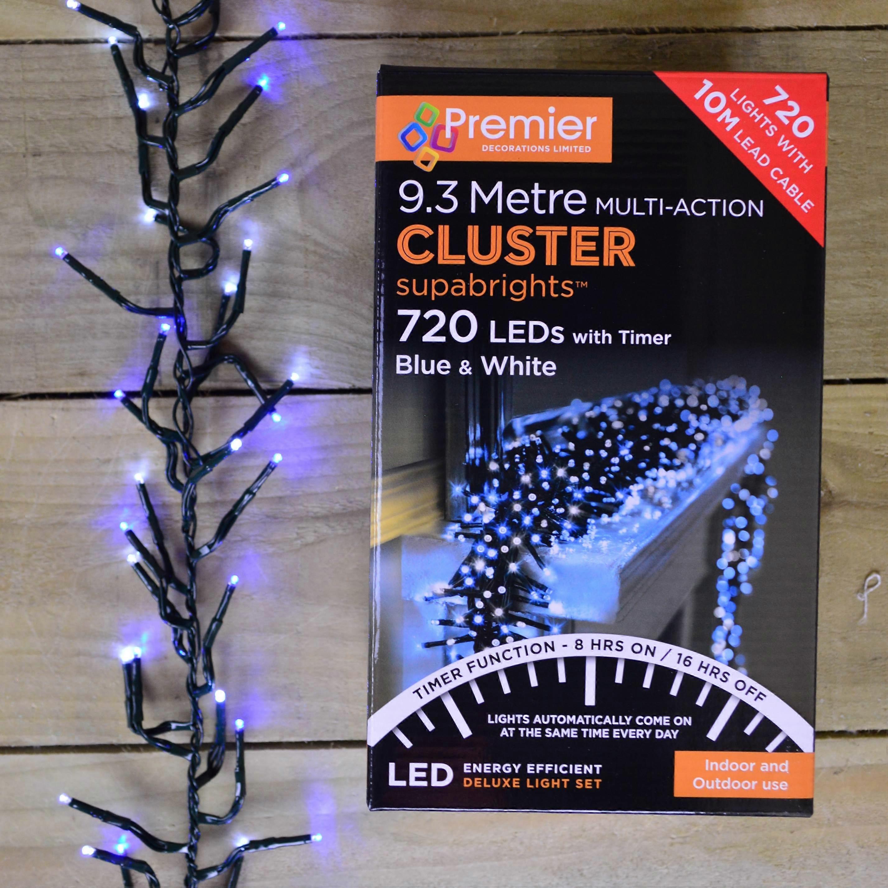720 Led (9.3m) Premier Cluster Christmas Tree Lights With Timer - Blue & White