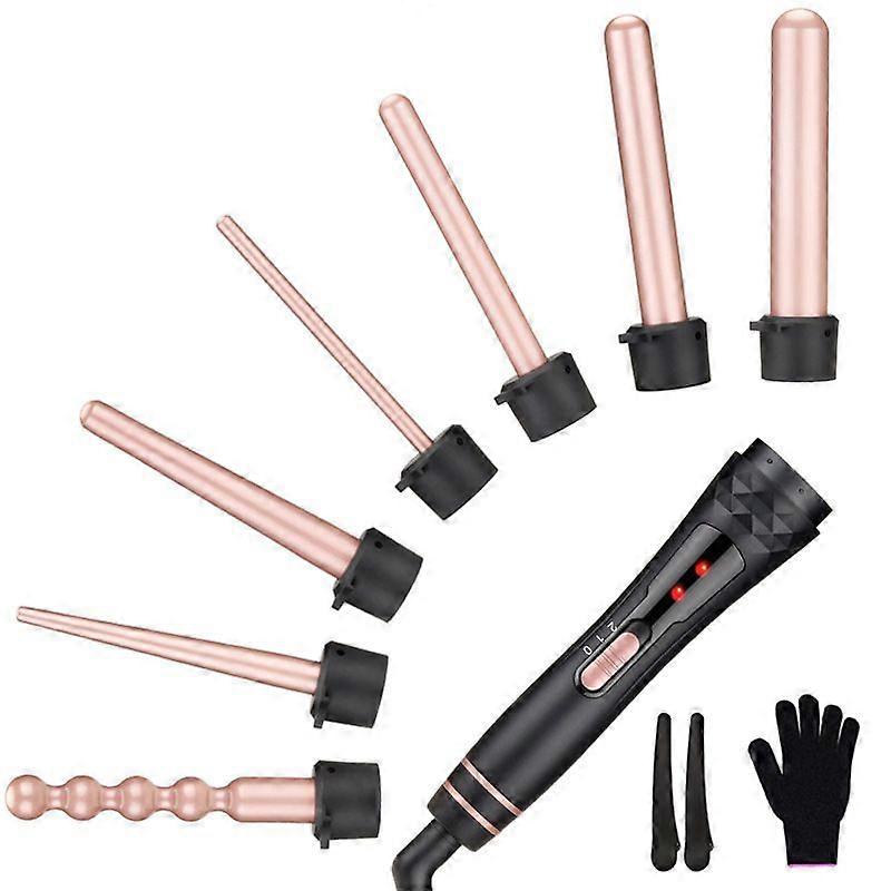 Fer à friser 6-en-1, ensemble de baguettes à friser professionnelles, bigoudi à chauffage instantané avec 6 barils en céramique interchangeables, gant de protection contre la chaleur et 2 pinces