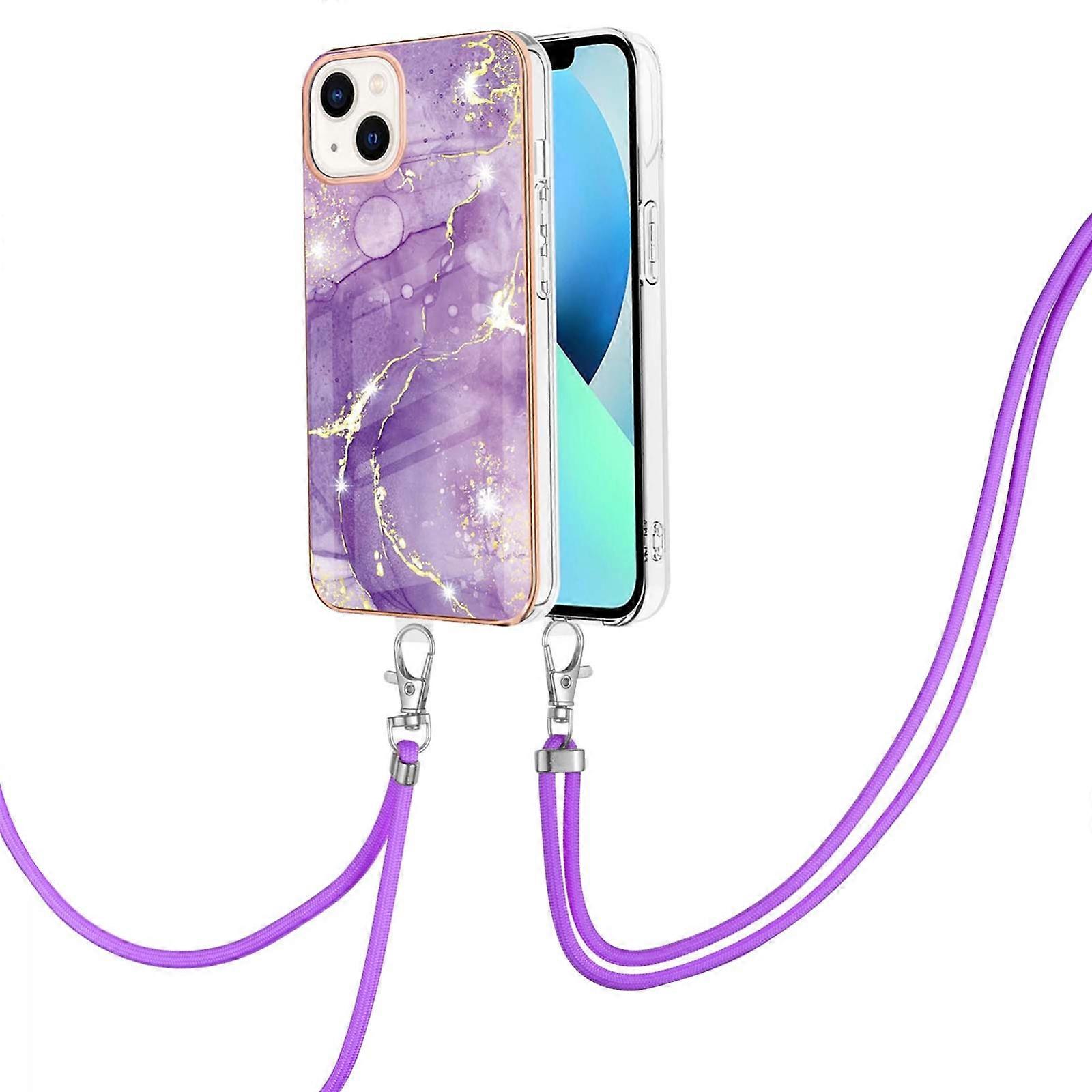For iPhone 14 Electroplating Marble Pattern IMD TPU Shockproof Case with Neck Lanyard