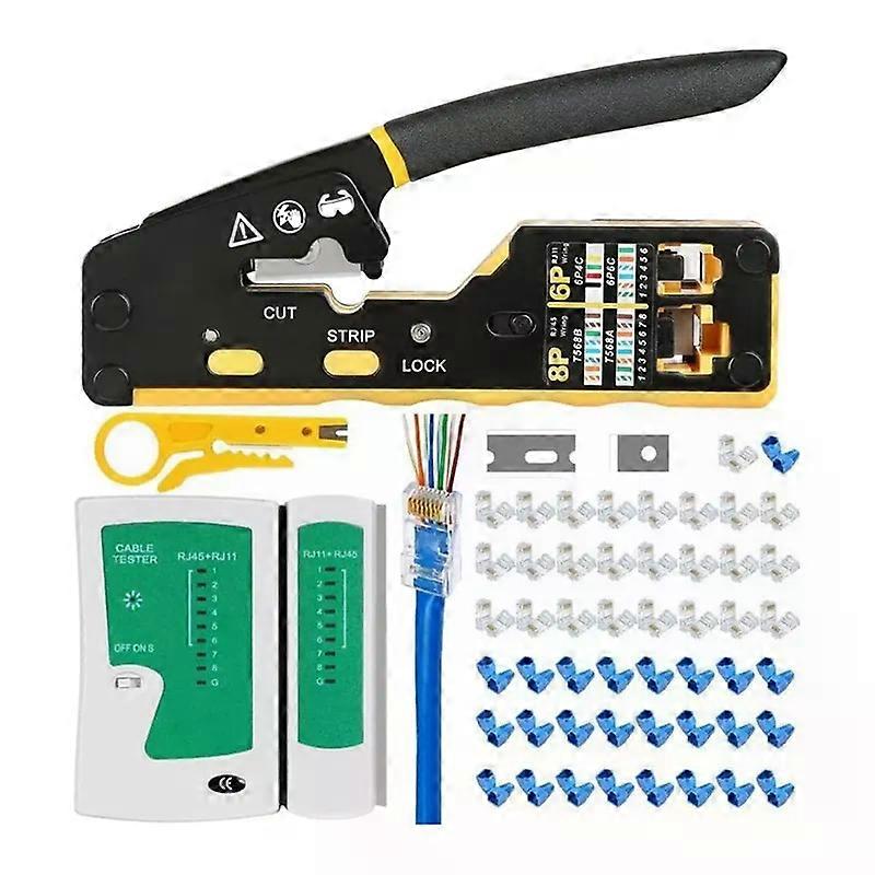 HaKeLai RJ45 Crimp Tool Kit Pass Through Crimper RJ45 Crimping Tool Stripper Cutter Crimper For 8P RJ45 Cat5 Cat5e Cat6 Cat6a Durable