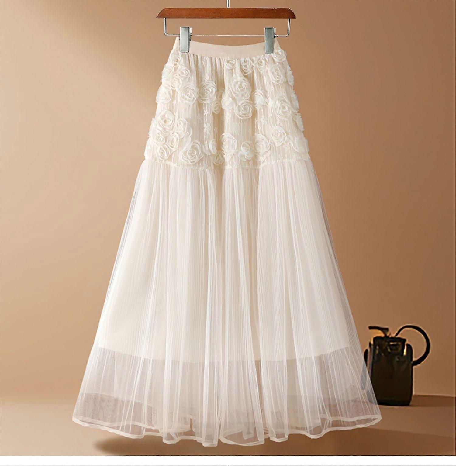 Three-Dimensional Flower Mesh Skirt Skirt Women's Spring And Autumn Temperament Gentle Mid-Length Fairy A-Line Large Swaying Gauze Skirt