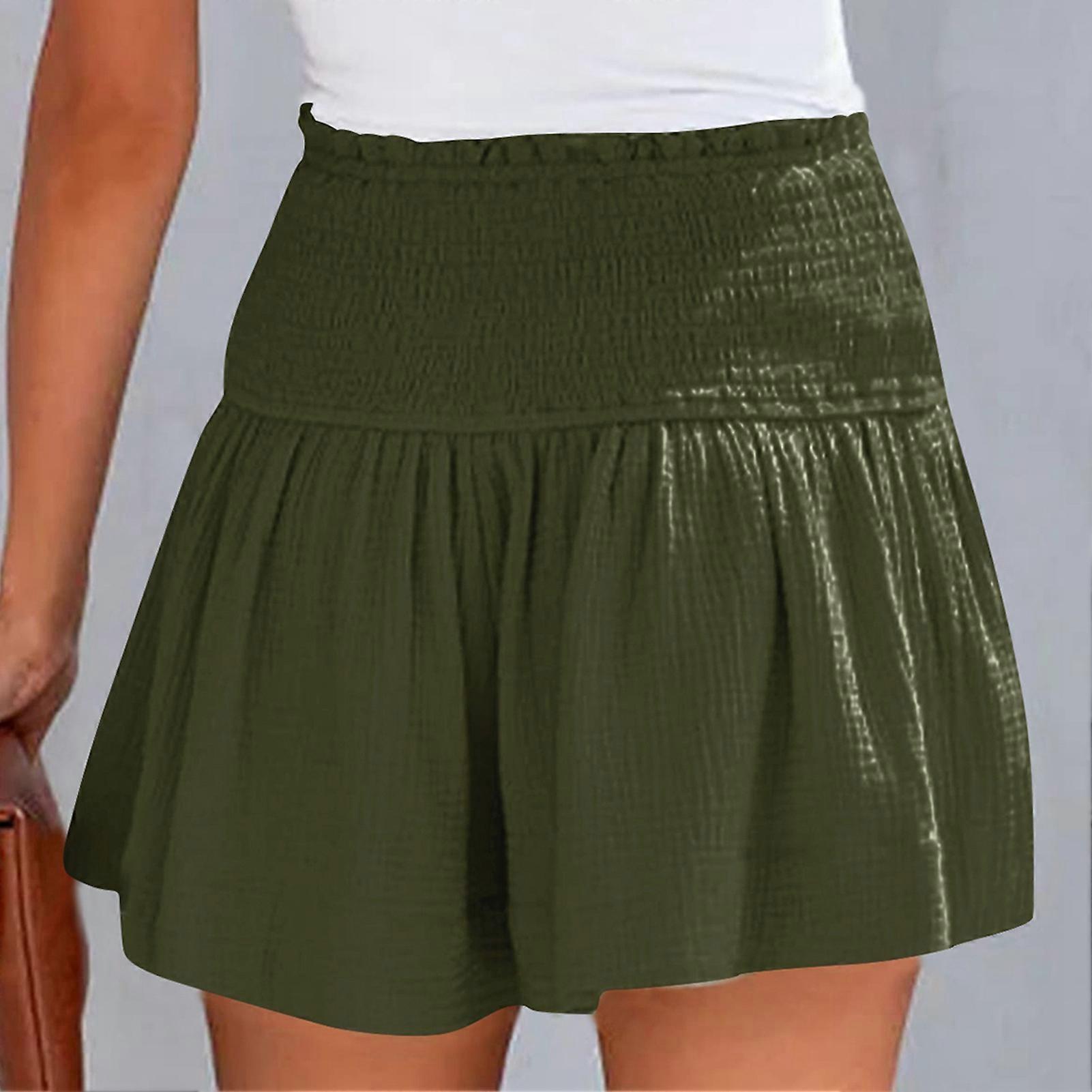 Shirred Shorts Plain Color Cotton High Elastic Waisted Pleated Ruffle Flowy Casual Shorts OD Green M