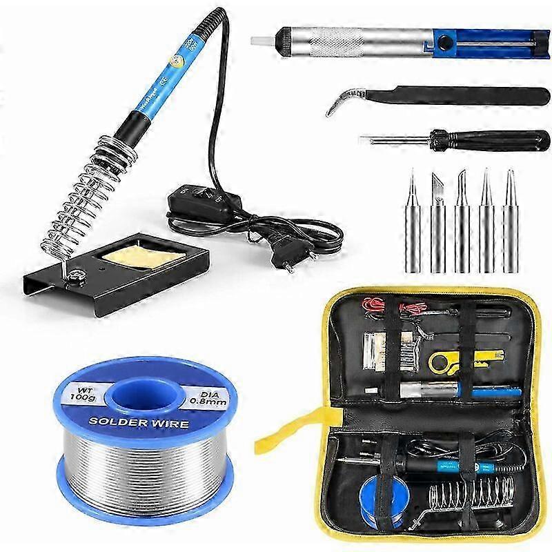 60W 220V Soldering Iron Soldering Kit, Adjustable Temperature Desoldering Pump, Wire Holder with 5 Soldering Heads, Tweezers, Anti-Static Desoldering