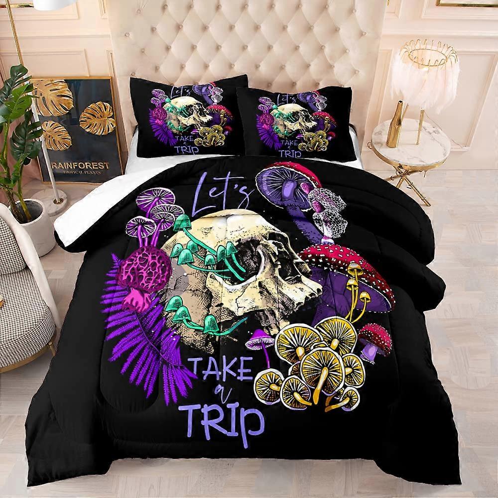 Gothic Skull Trippy Mushroom Floral Skull Skeleton Comforter Set Queen Size Bedding Patterned Skull Bedroom Decor