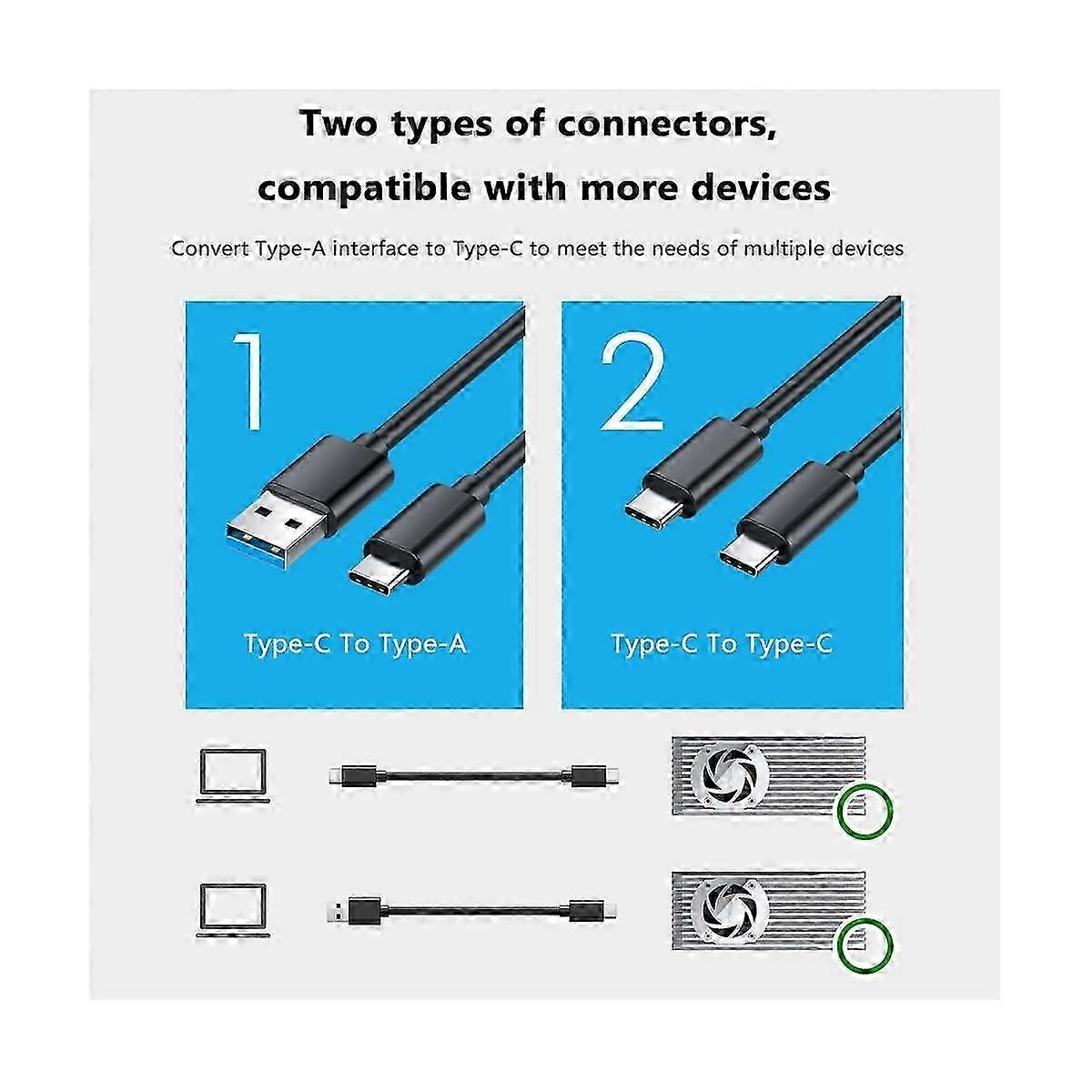 M.2 SSD Enclosure Built-in Cooling Fan 10Gbps USB3.1 Gen2 Type-C M.2 NVMe Case Enclosure Support 2