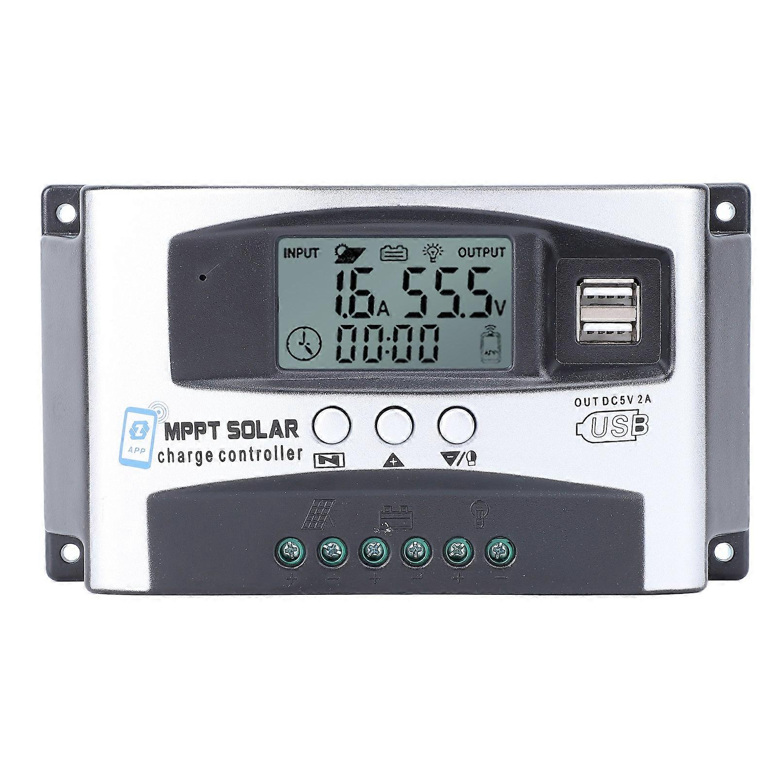 MPPT Charge Controller Bluetooth App Control 12V 24V 36V 48V LCD Display Solar Panel Intelligent Regulator with Dual USB Port Timer Setting
