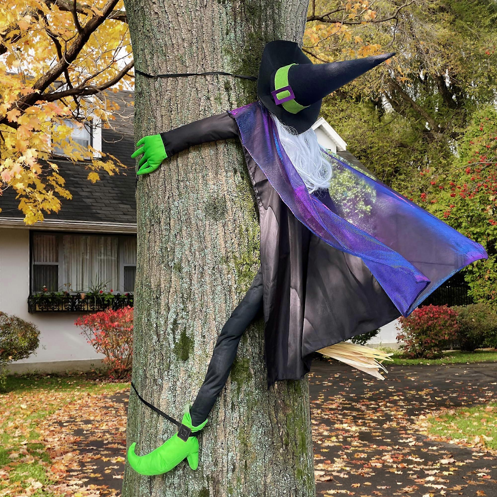 Crashing Witch into Tree Large Halloween Decor Outside, 64' Flying Witch Hitting Tree