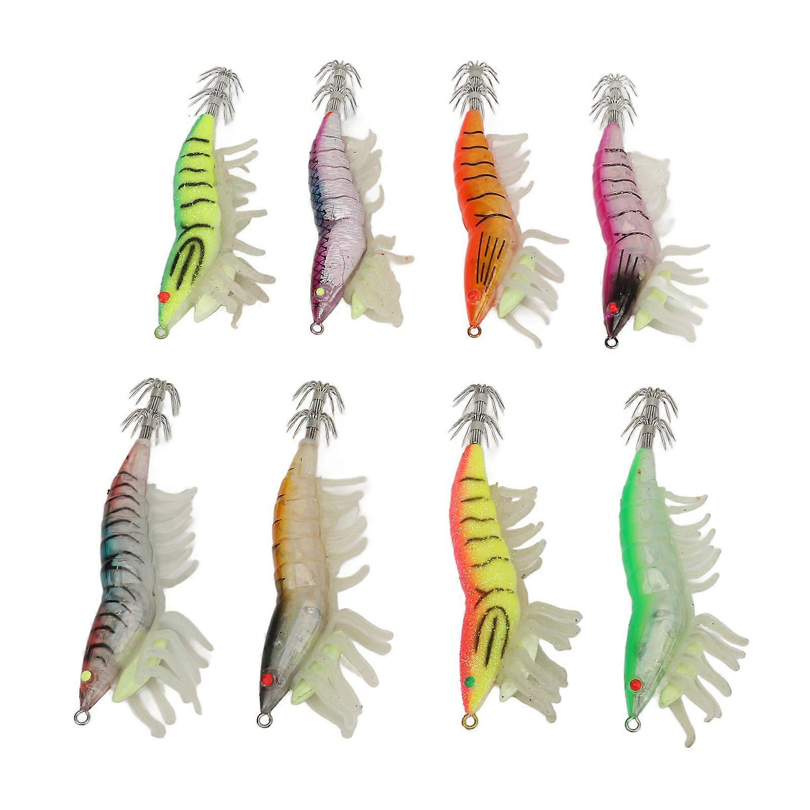8pcs Shrimp Lures Luminous Silicone Realistic with Sound Beads Shrimp Baits for Squid Octopus
