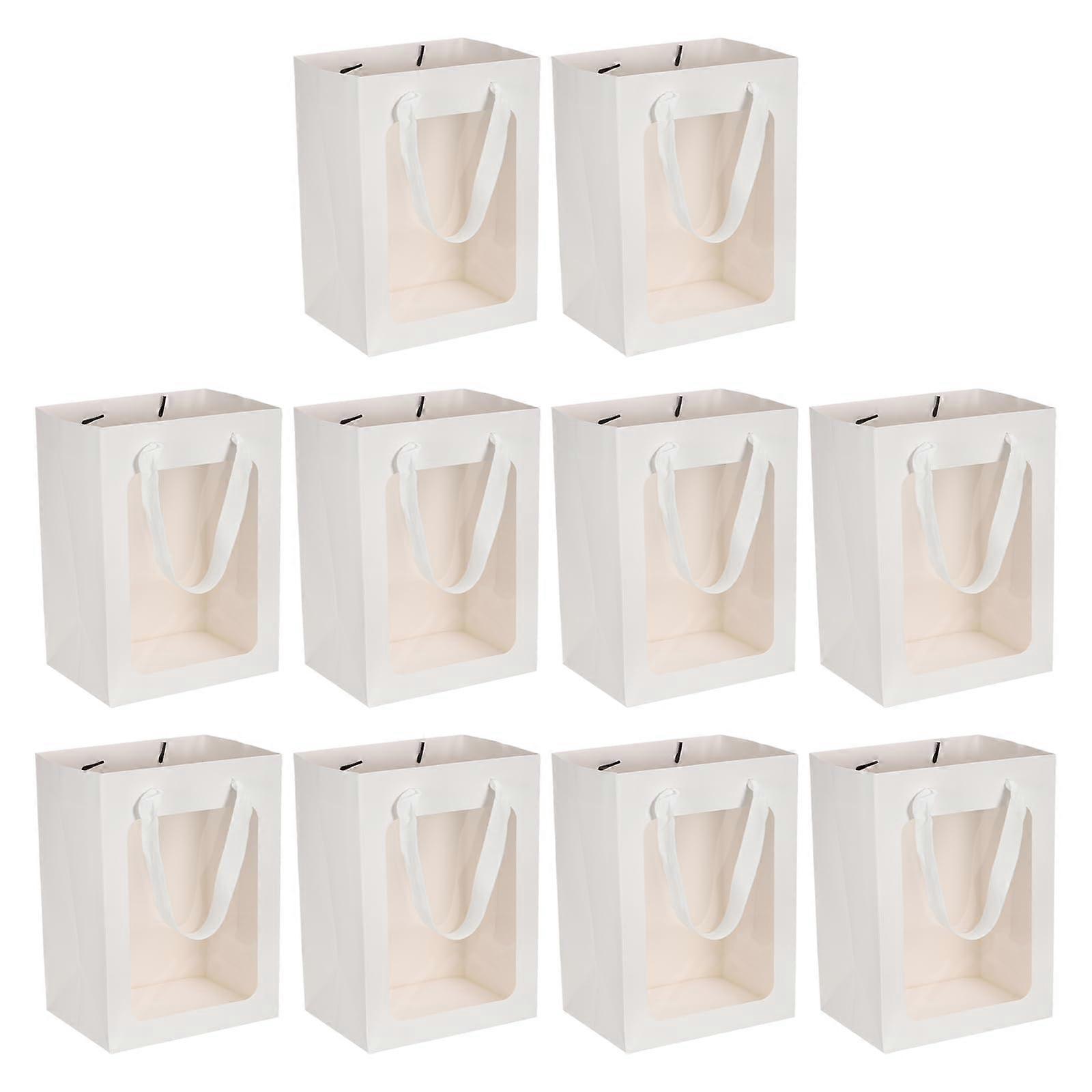 7.1"x5.1"x9.8" White Paper Gift Bags with Handles, 10 Pack Tote Bags with Transparent Window for Bridal Showers and Parties
