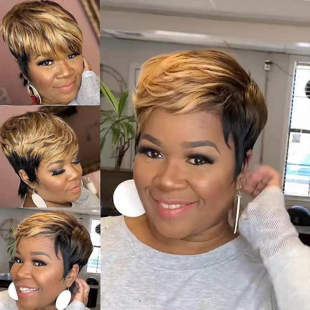 Pixie Cut Side Part Wig Black Mixed Brown Highlight Wigs
