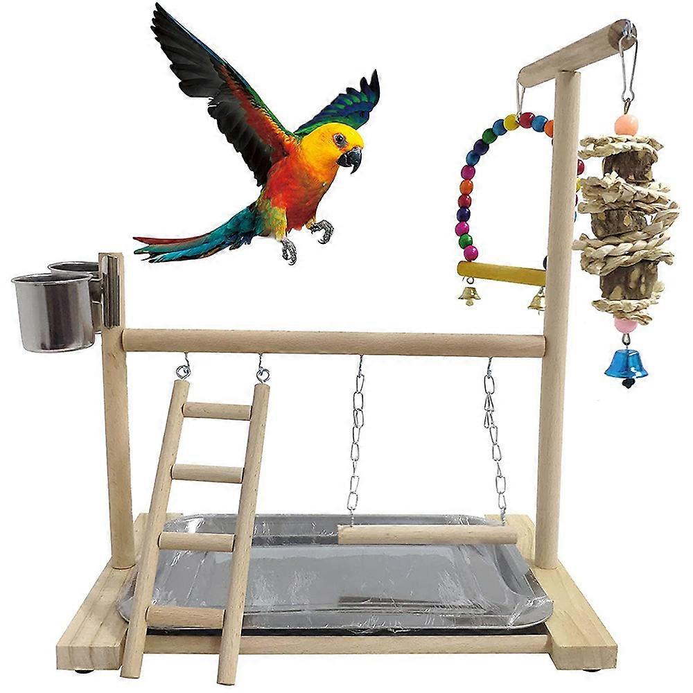 Wood Bird Playground Parrot Playstand with Feeder Cups 38x28x6cm