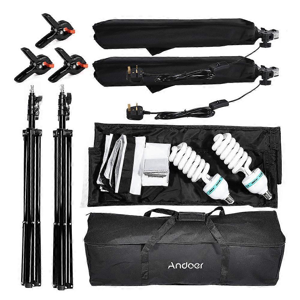 写真撮影用照明キット - 135W電球、2Mライトスタンド、50x70cmソフトボックス、クリップ&バッグ