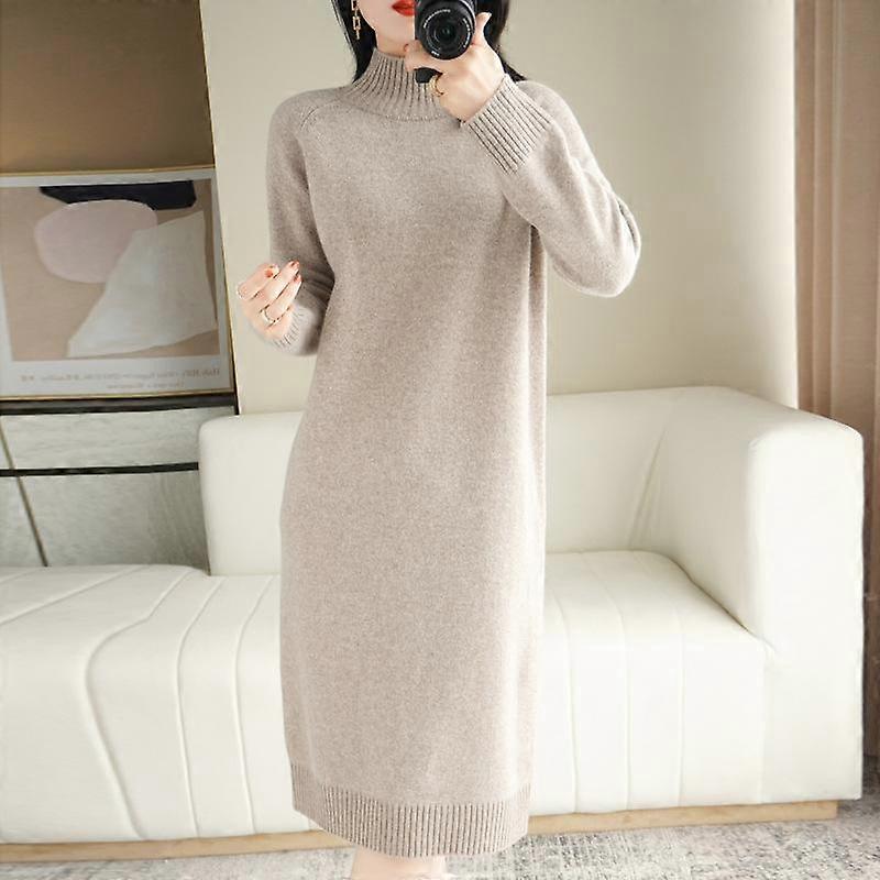 Long knee-length sweater dress women half high collar thickened warm knitted medium-length bottoming dresses Spring and Autumn