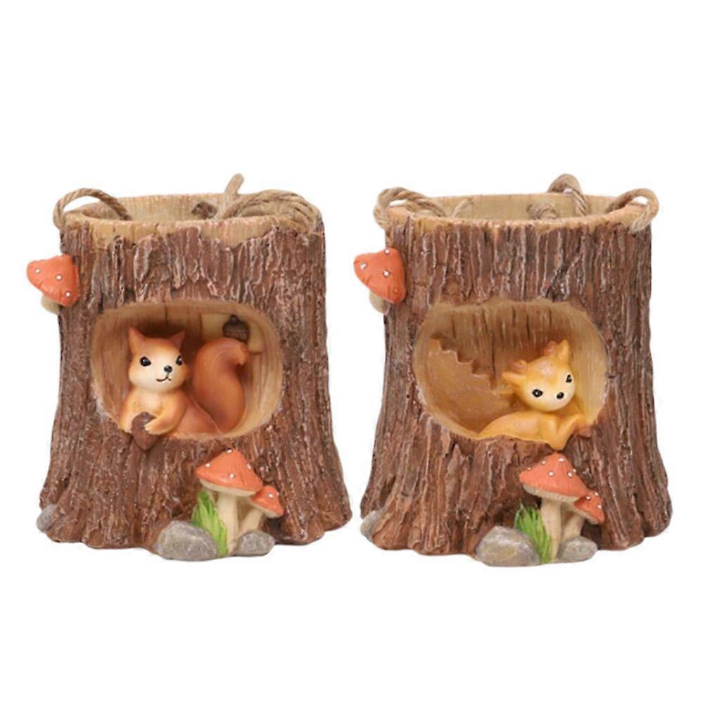 Animal Flowerpot Resin Artificial Basin Plant Decor Deer Squirrel Style Stump Shape Light Brown 10 x 10 x 10.5 cm Home Ornament 2 Pcs