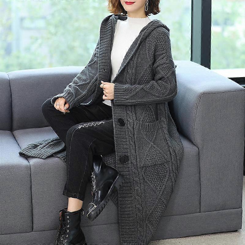 Primăvară Toamnă Dimensiune Mare Jacquard Twists Cardigan Pulover Femei Lung Buzunar Mare Glugă Cu Un Singur Piept Tricotat Cardigan Palton