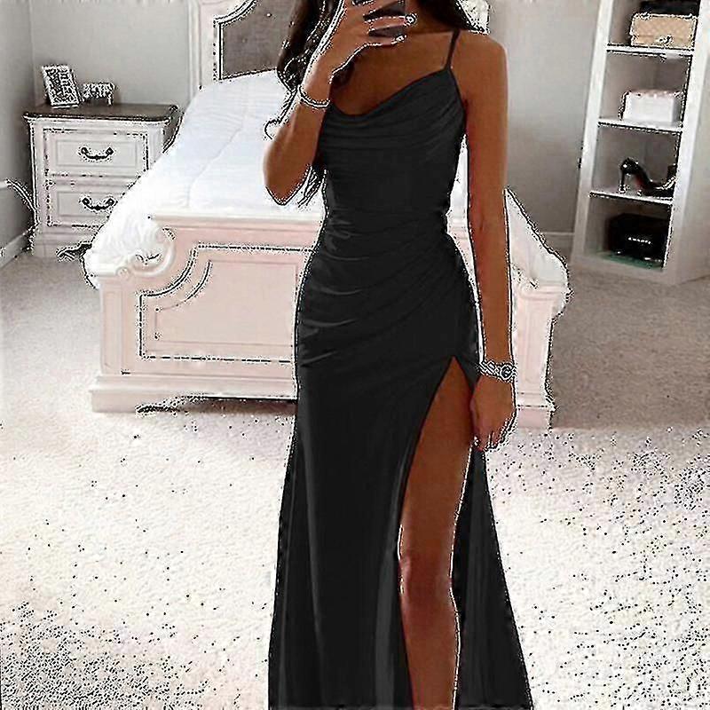 Damskie długie sukienki maxi Kołnierz Suknia wieczorowa Bez rękawów Satynowa sukienka wsuwana Party Casual-D ff hu zd