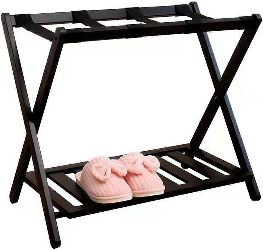 Foldable luggage rack for guest rooms, doublelayer storage, black, 68x40x58cm