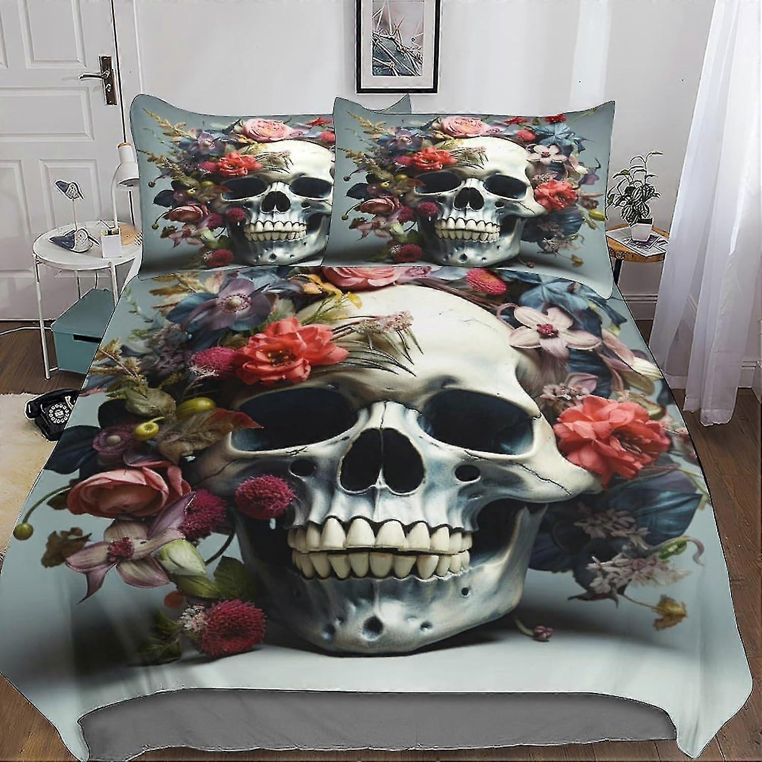 3 Piece Set Printed Duvet Cover Bed Set with Flowers and Skull Design, Soft Comforter Cover with Zipper & Pillowcases
