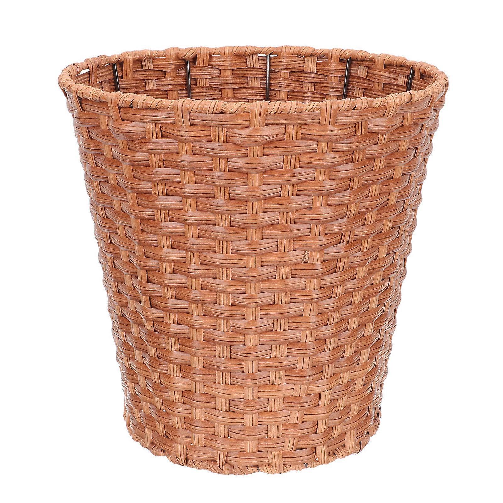 Household Woven Waste Basket Imitation Rattan Woven Storage Bucket Sundries Basket Plastic Home Trash Can For Rural Style Use 1Pack