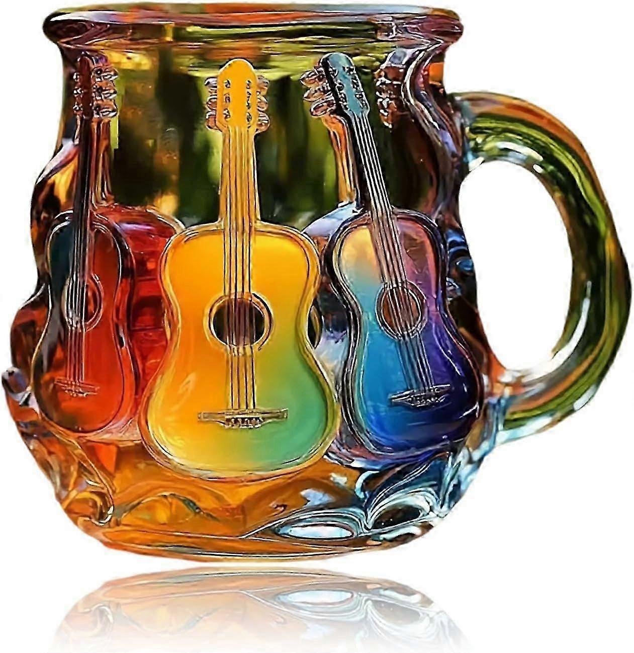 3Dギターコーヒーマグ、カラフルな音楽デザインのガラスカップ、音楽愛好家の収集品ギフト3Dギターコーヒーマグ