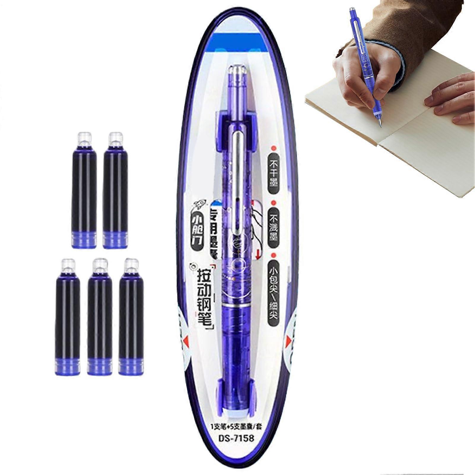 Automatic Rollerball Pen for Journaling and Notes, Dark Blue, 0.38 mm Medium Point, Includes 5 Ink Cartridges for School and Office