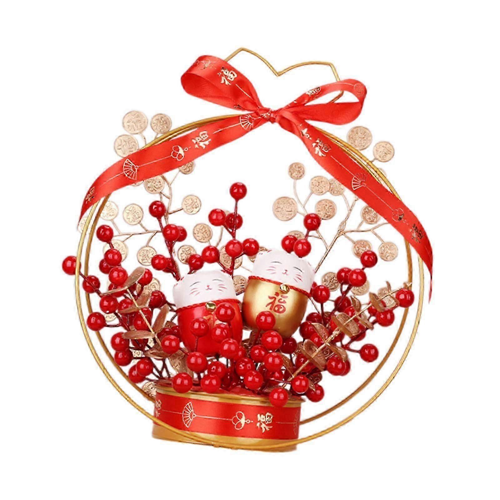 Fake Flower Blessing Bucket Chinese Lunar New Year Decoration for Table Home Only Berries