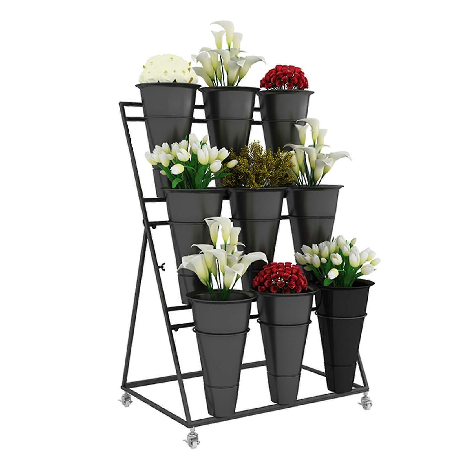 Flower stand with bouquet shelf, sturdy garden cart, movable flower bucket stand with wheels