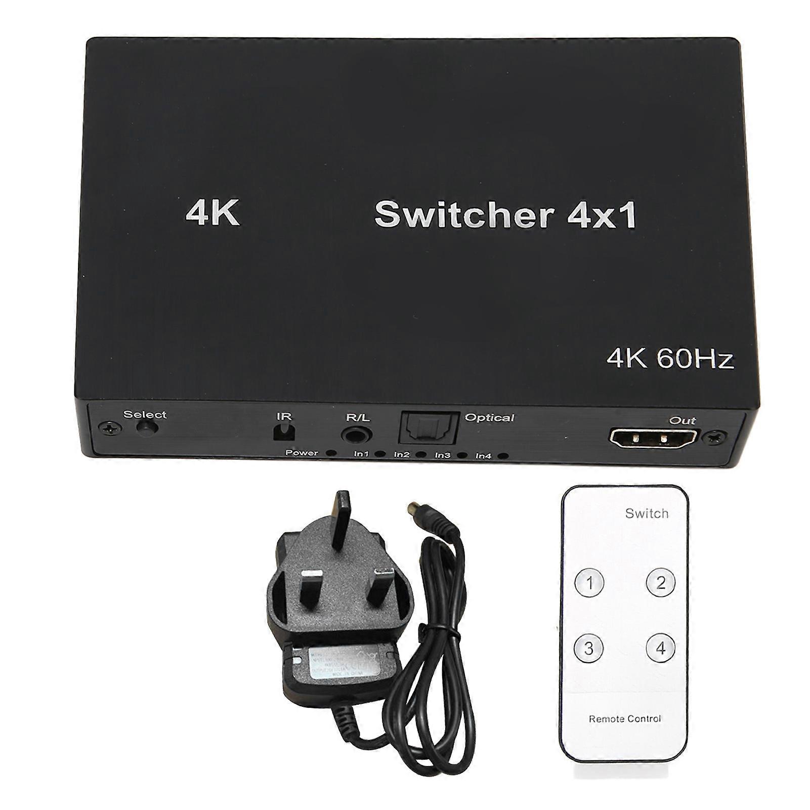 4Kx2K HD Multimedia Interface Switch 4X1 Mouse Keyboard Video Switcher Splitter with IR Remote Control 100‑240V