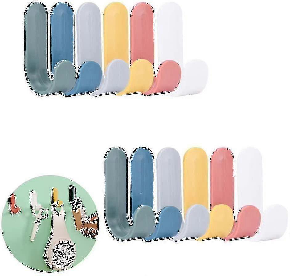 12-piece non-drilling J-shaped wall hooks in multiple colors for various scenarios