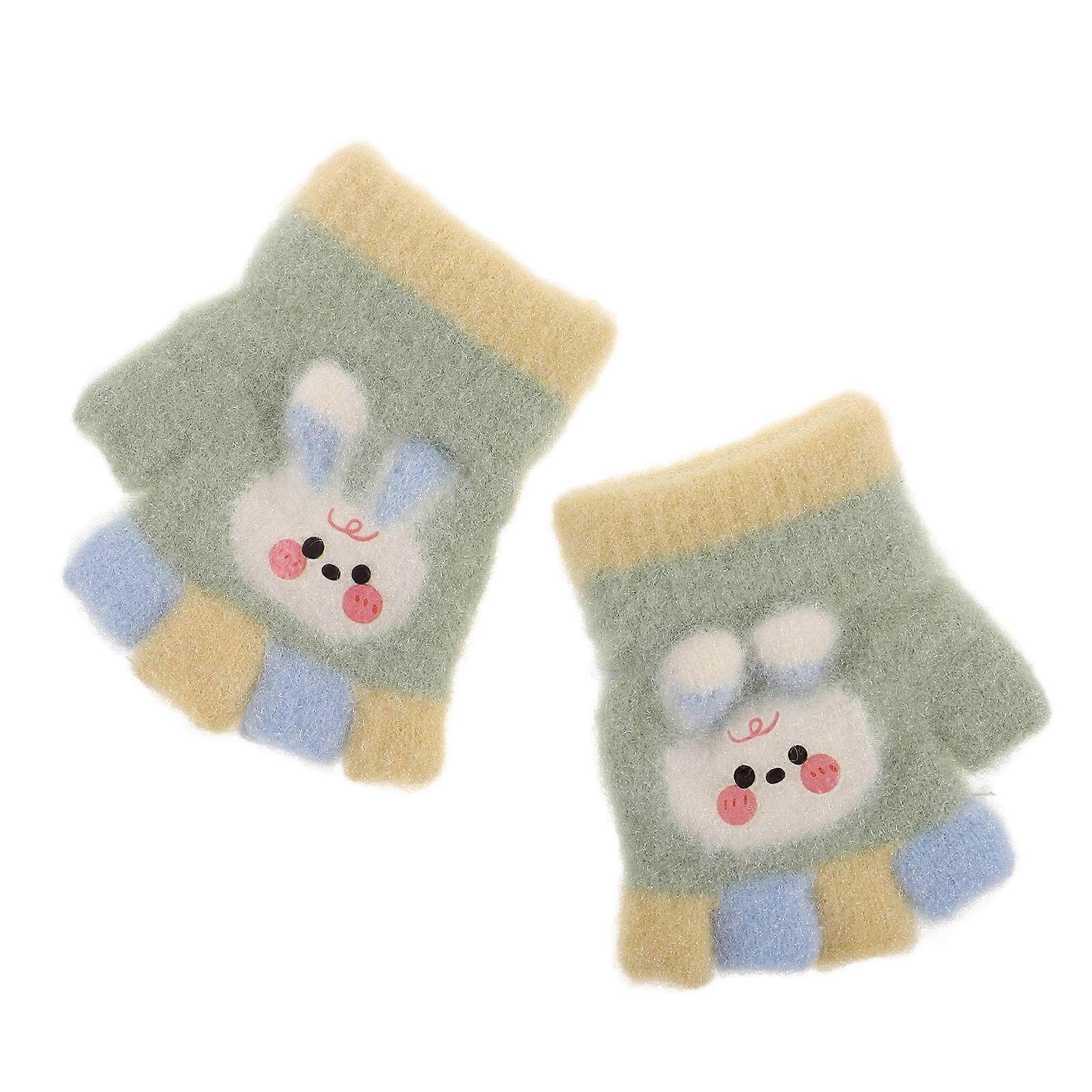 Childrens Winter Gloves Cartoon Design Green Polyester Warm Windproof Coldresistant HalfFinger Toddlers 1 Pair