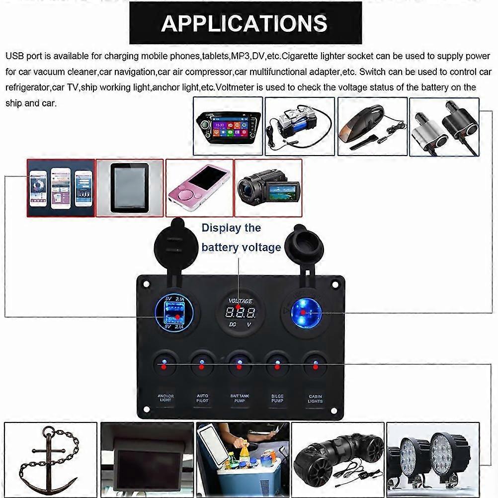 Cat Eye Switch Panel 8 Gang Rocker Toggle Switch with 2 USB for Car Use