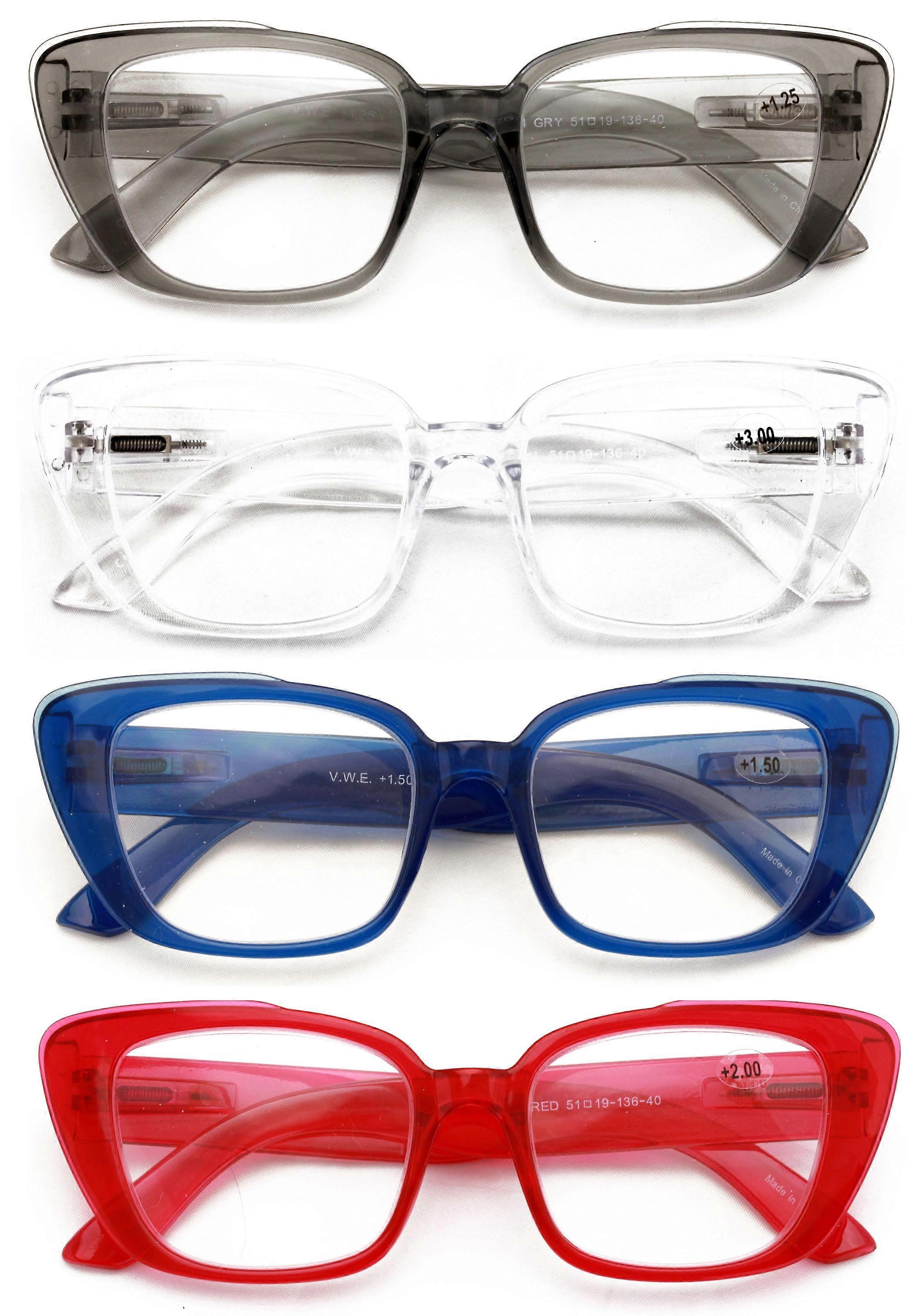 4 Pairs Women Oversize Transparent Reading Glasses - Spring Hinge Reader 7024 +1.50