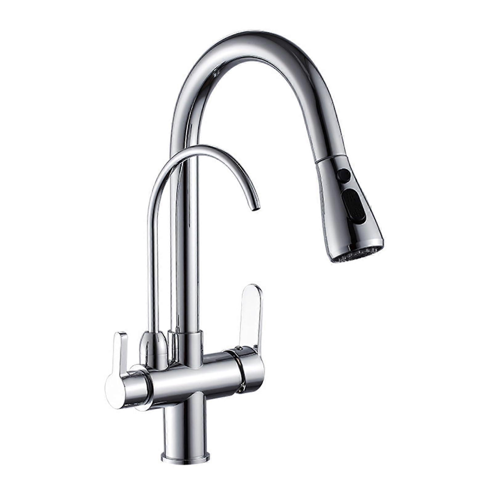 Kitchen Faucet 3Way DrinkingWater PullOut ChromePlated Gooseneck Mixer Tap With Swivel Spout For Kitchen Sink