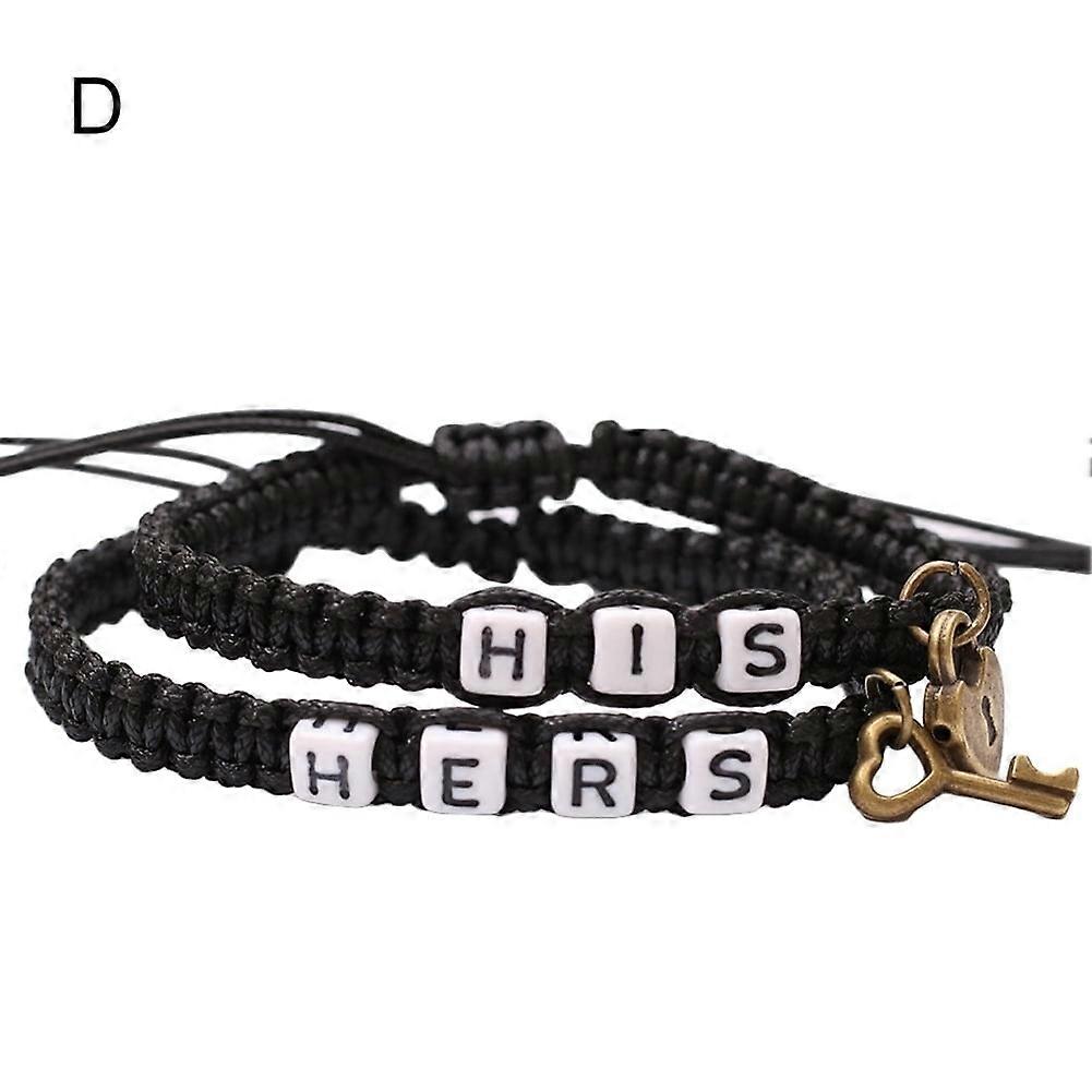 2Pcs HIS HERS Letter Lock Key Charm Handmade Woven Couple Bracelet Bangle