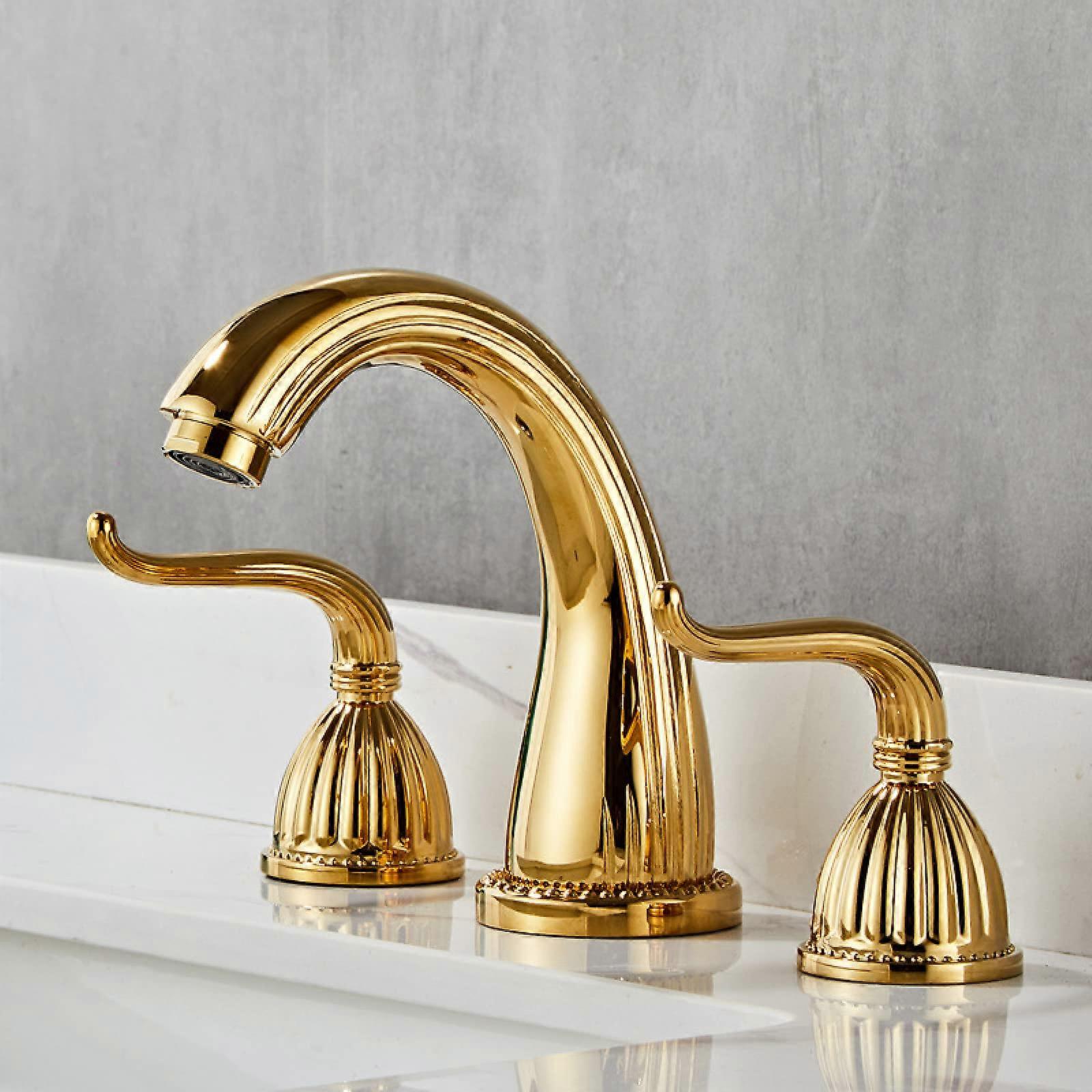 Basin Mixer Tap TwoHandle Retro Gold Brass Finish With Hot And Cold 3Hole Bathroom Sink Faucet Model A