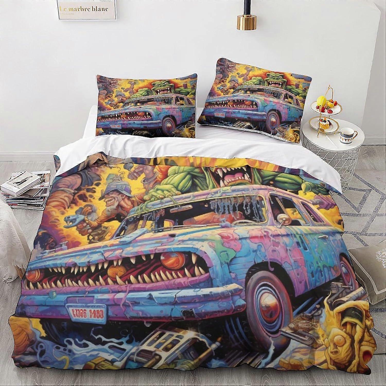 LikeEj monstros edredom capa conjunto, 3D carro vintage jogo de cama com fronhas de microfibra & fecho com zíper colcha caso desenhos animados impresso efeito duplo