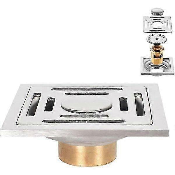 Square stainless steel floor drain, 10x10 cm, double-layer filtration to prevent odor