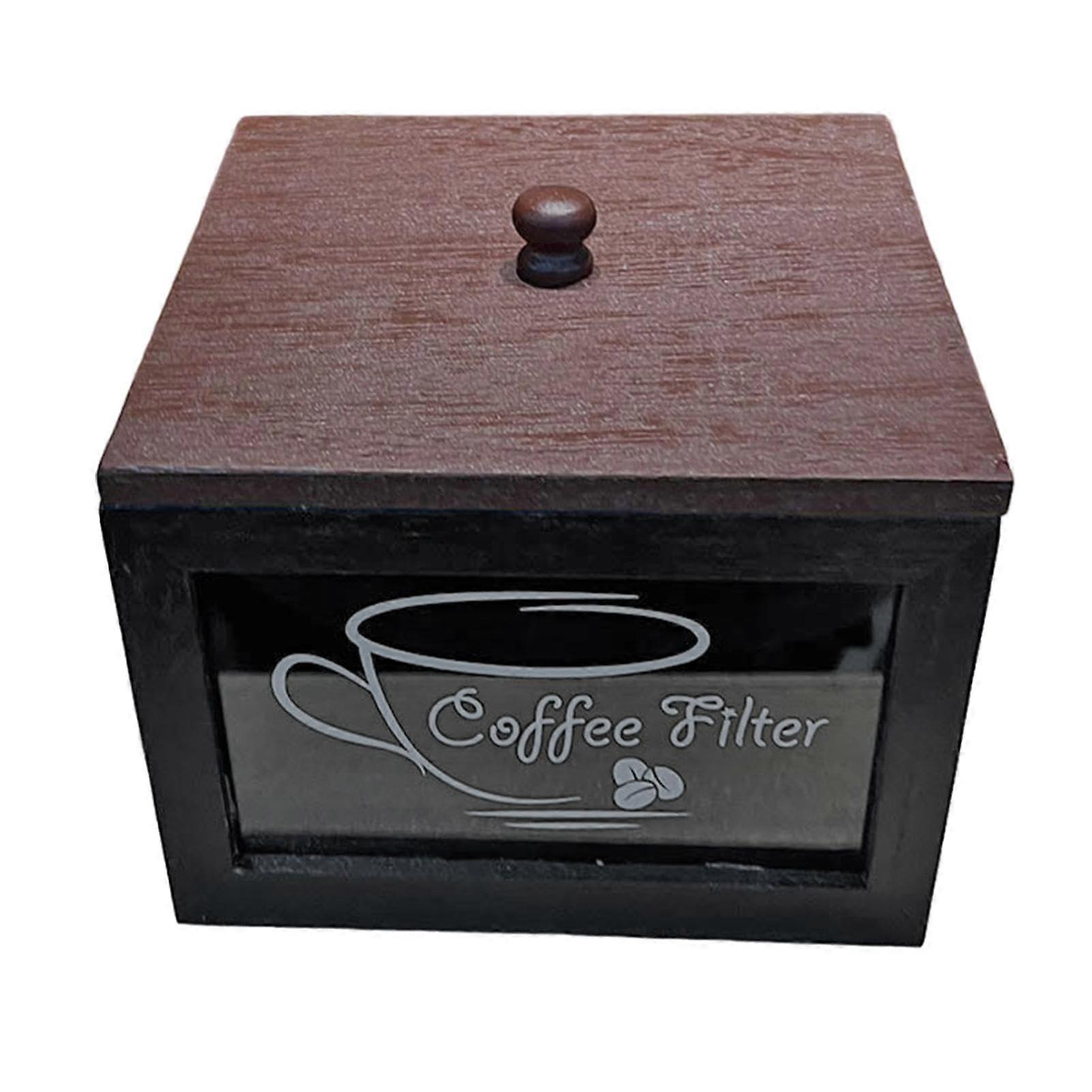 Coffee Filter Holder Wooden Container with Lid for Rustic Farmhouse Kitchen Storage Reddish Brown