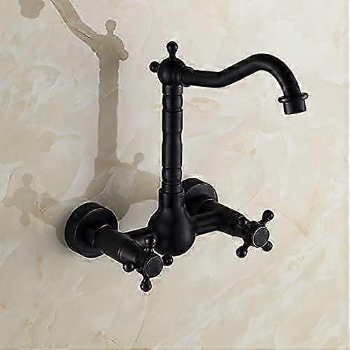 Kitchen Faucet Wall Mounted Brass with Swiveling Spout Retro Antique Two Knobs Oiled Bronze